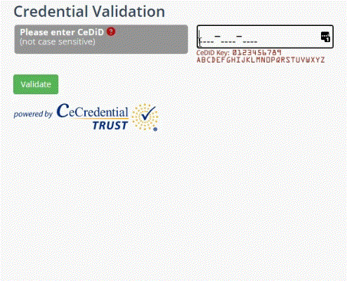 Example of entering a CeDiD and validating a credential